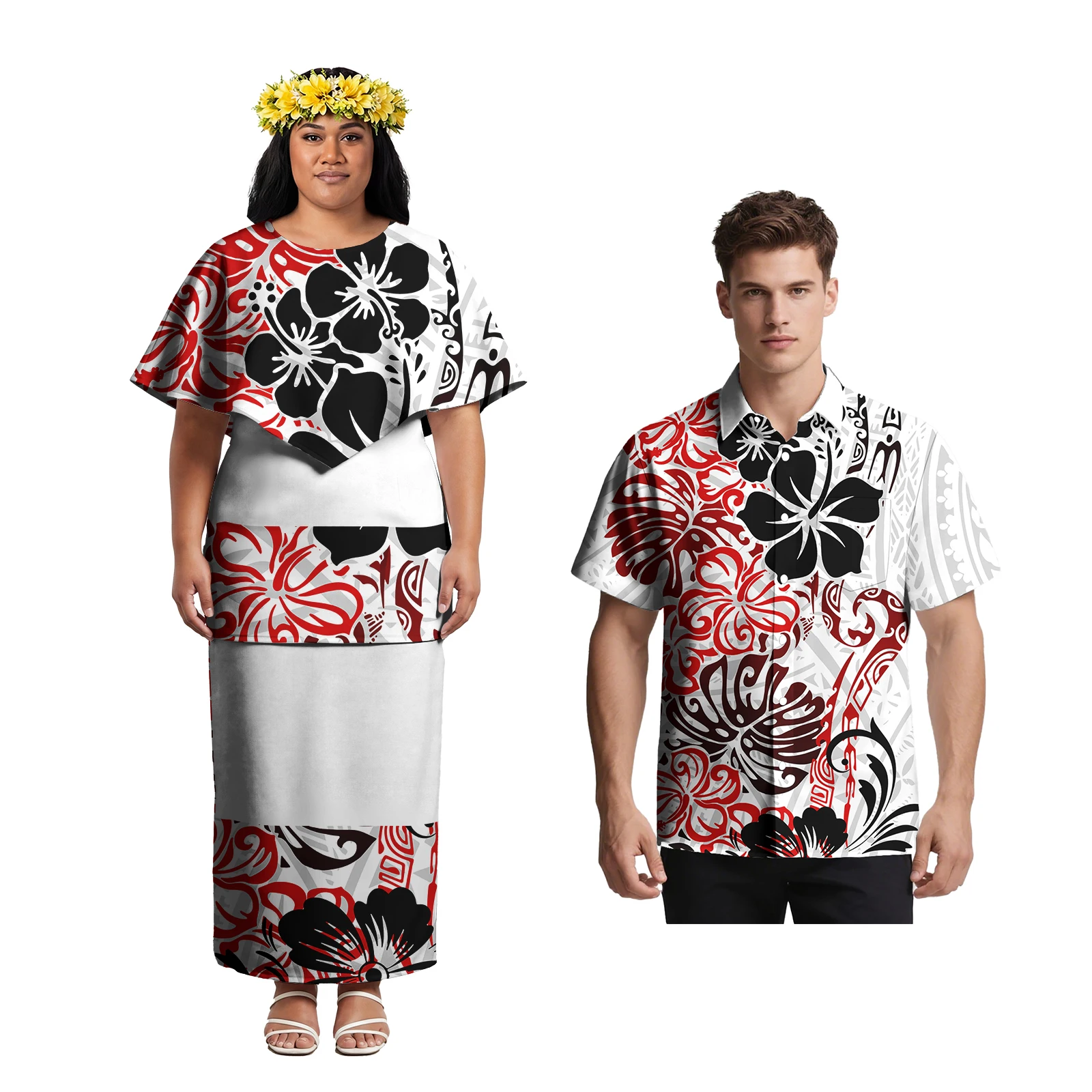 Hot Sale Holiday Couple Suit Hawaii Men's Beach Shirts Ruffles Neck Samoan Puletasi for Women Polynesian Tribal Lovers Clothes