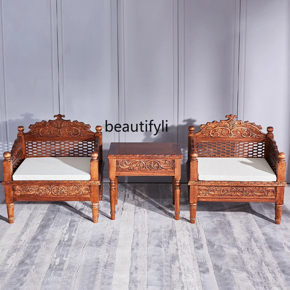 

Solid Wood Double Sofa Chair Combination Thai Style Living Room Coffee Table Rest Area Table and Chair