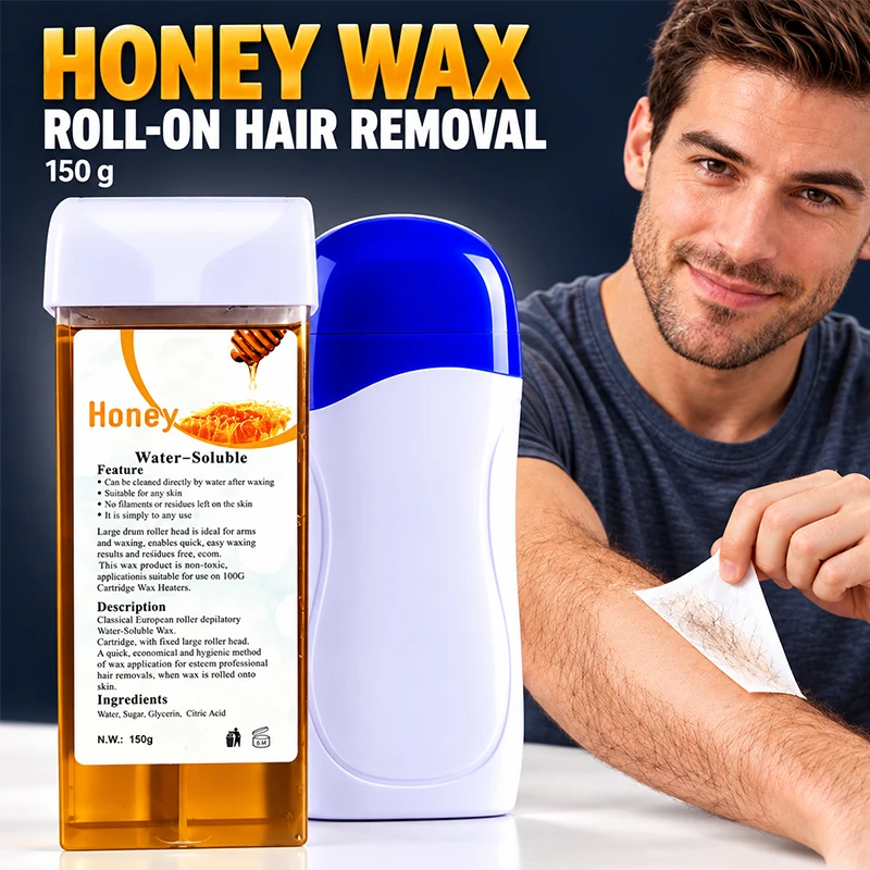 Honey Roll On Wax Hair Removal Kit with Wax Heater Water Soluble Wax Refill Rollers 3.53 oz 4 Pack with 10 Strips