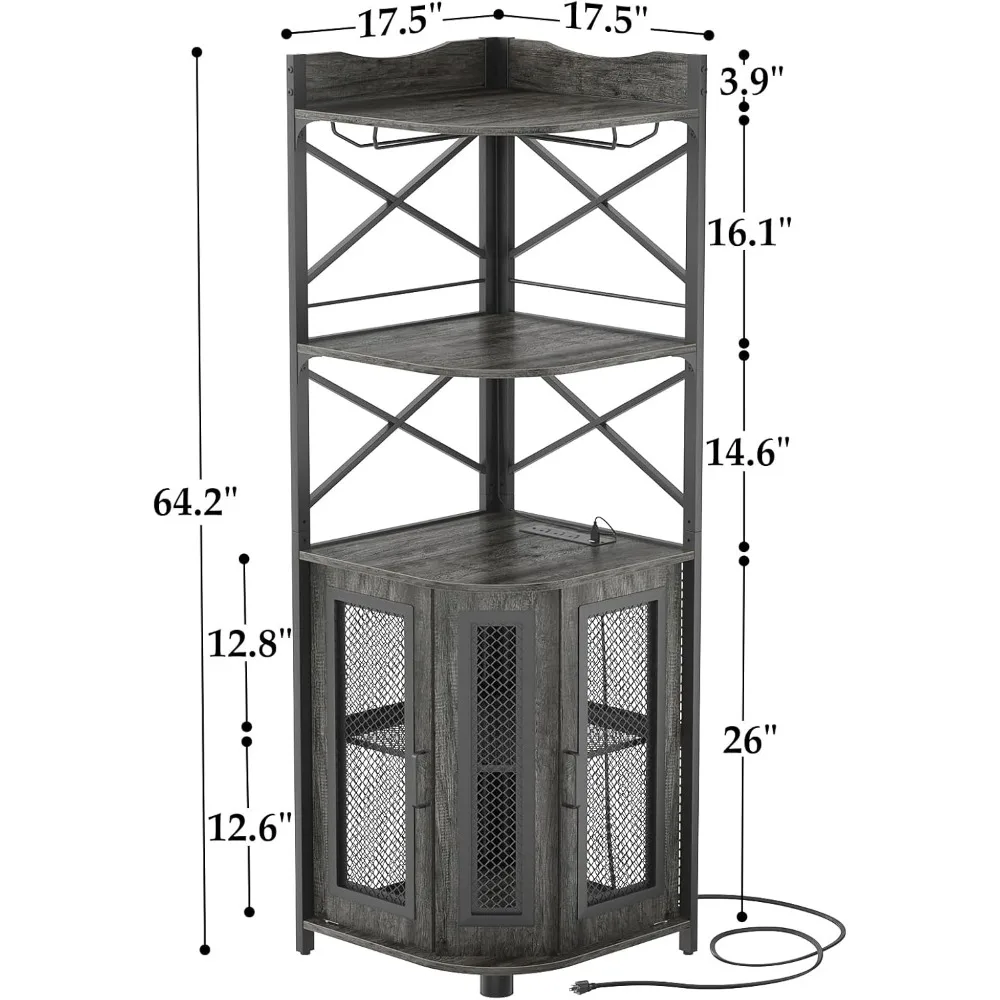 Corner bar cabinet with power outlet, 5-tier industrial wine cooler with LED strip, glass stand, corner display cabinet for home