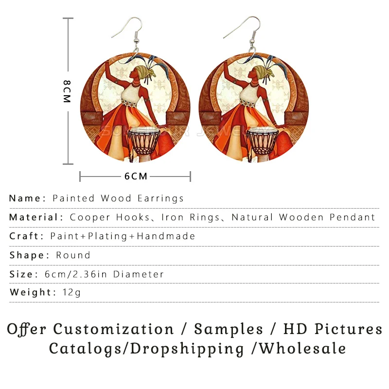 SOMEHOUR Africa Tribal Art Printed Wooden Dangle Drop Earring For Women Afrocentric Ethnic Headwrap Paint Vintage Loops Jewelry