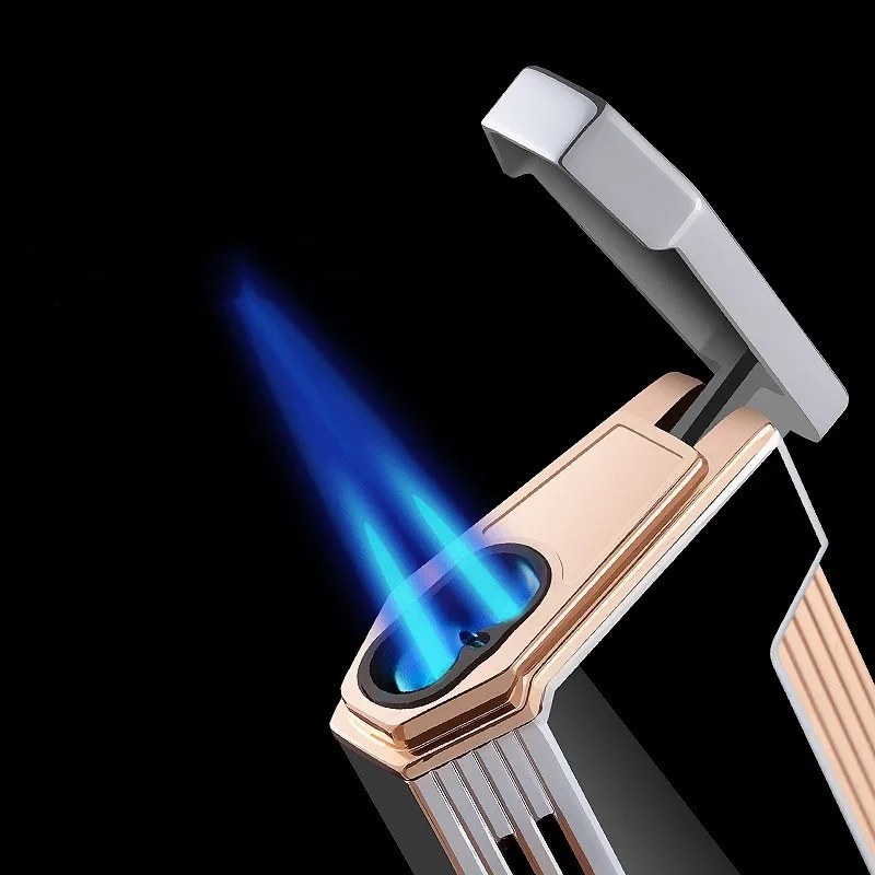 Outdoor Double Blue Flame Torch Jet Butane Gas Lighter Metal Electronic Press Ignition Windproof Cigar Lighter Gift for Men