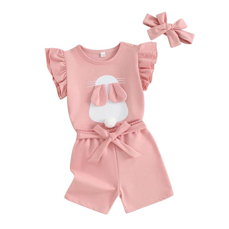 Girls Easter 3PCS Shorts Sets Flying Sleeve Bunny Print Tops Pink Shorts Headband Sets