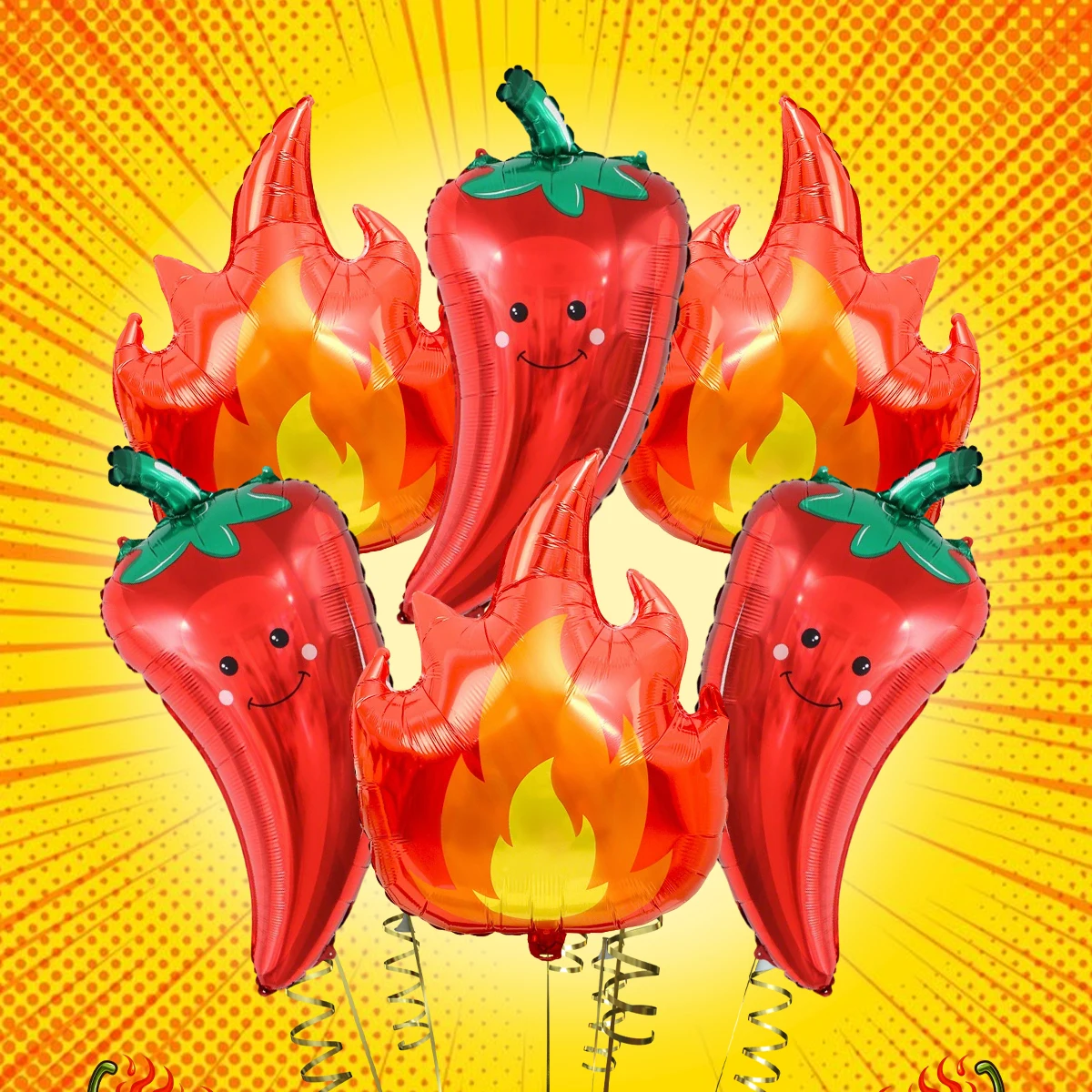 6pcs Pepper Flame Chili Flame Aluminum Foil Balloon Set Cooking Competition Party Decoration Flame Shape Balloons Chili Balloons