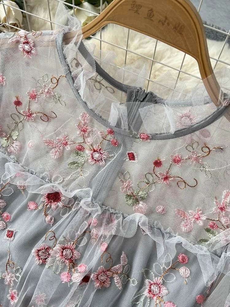 المدرج الصيف زهرة التطريز كعكة فستان المرأة تول شبكة قصيرة الأكمام المتتالية الكشكشة ماكسي طويل حفلة فساتين رائع #3