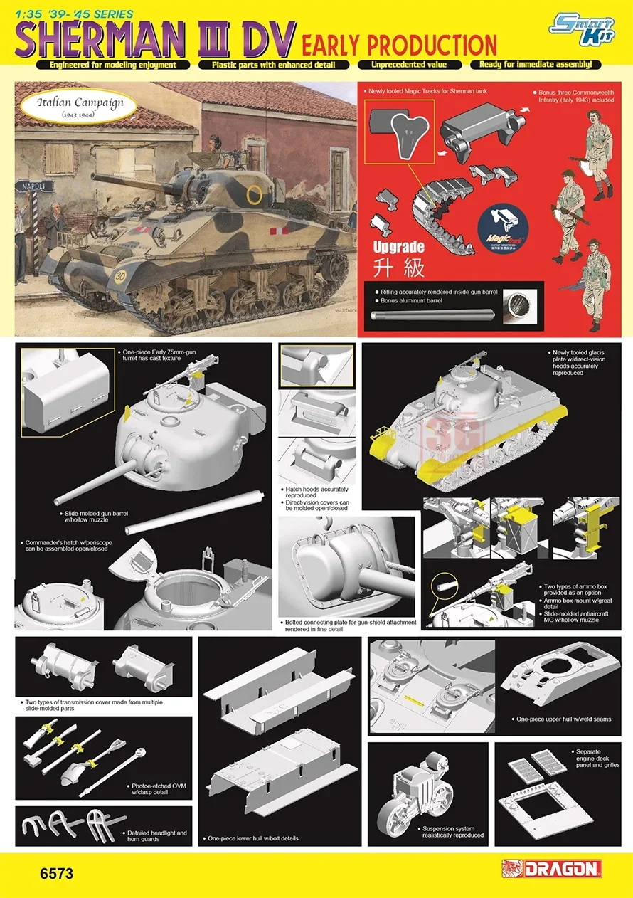 DRAGON Assembled Model Kit 6573 British Sherman III Tank DV, early version, with troops 1/35