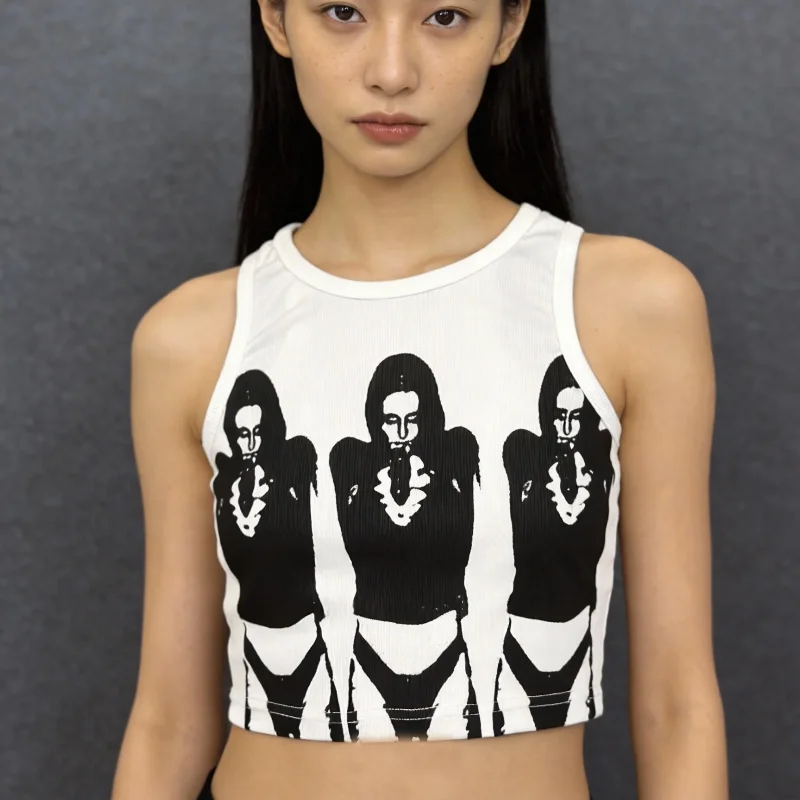 European American Sleeveless Round Neck Figure Pattern Print Sexy Street Exposed Navel Slim Fit Top Women's Clothing Summer Vest