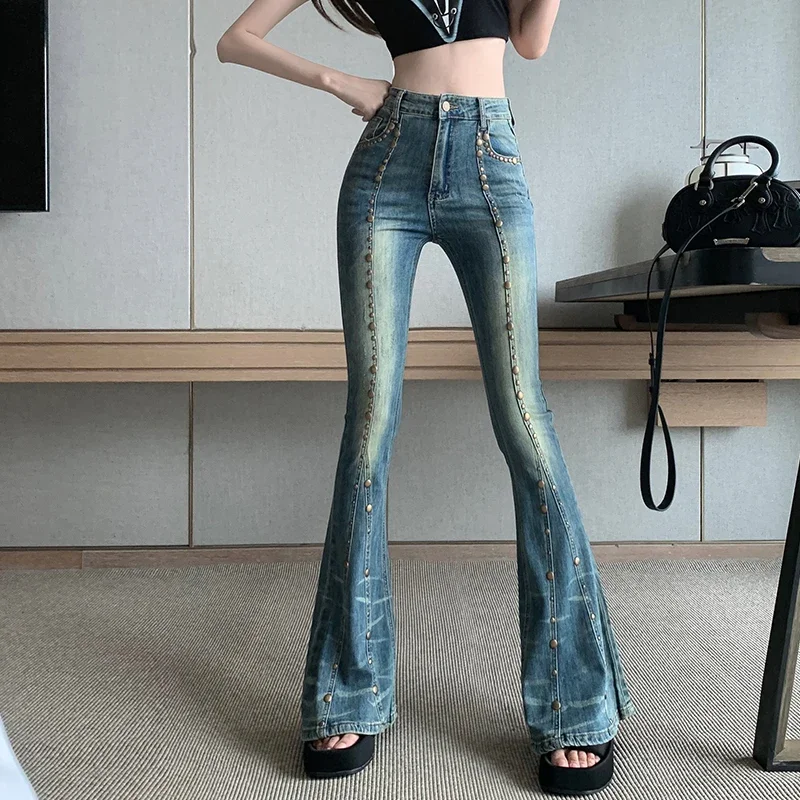 y2k Flared Jeans Streetwear Rise Rivet Stitching Cargo Pants 90s Grunge Women Denim Trousers Vintage New