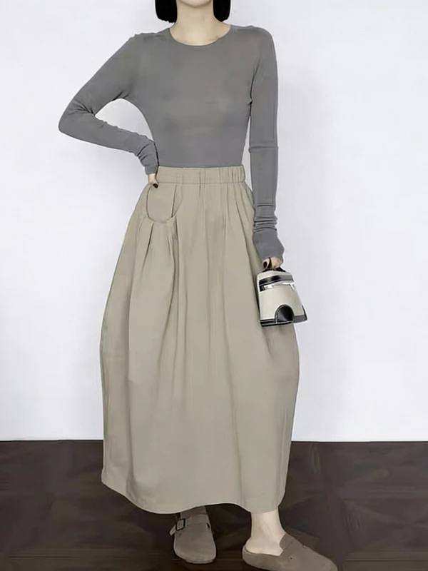 Summer 2026 Women's High Waist A-Line Skirt Balloon Design Bloomer Midi Skirt Korean Style Cotton Elastic Half-length Skirt
