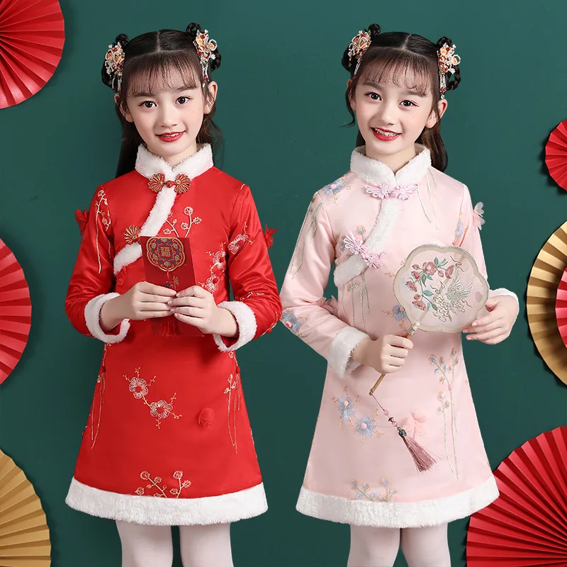 

Winter Chinese Lovely Qipao Tang Suit Girls New Year Dress Kids Cotton-padded Clothes Childdren Embroidery Cheongsam