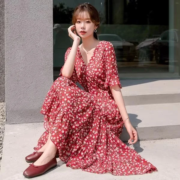 Estate 2025 delle nuove donne stampa floreale chiffon al ginocchio Dr ort Sve coreano Sle Fairy T Forest System Dr