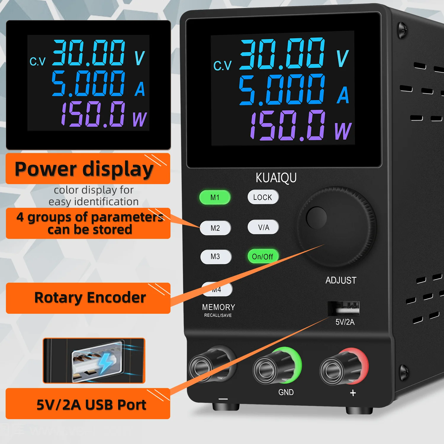 KUAIQU 4-Memory Lab Adjustable Power Supply 300V 1A 30V 10A DC Power Source LOCK V/A ON/OFF Programmable Voltage Stabilizing