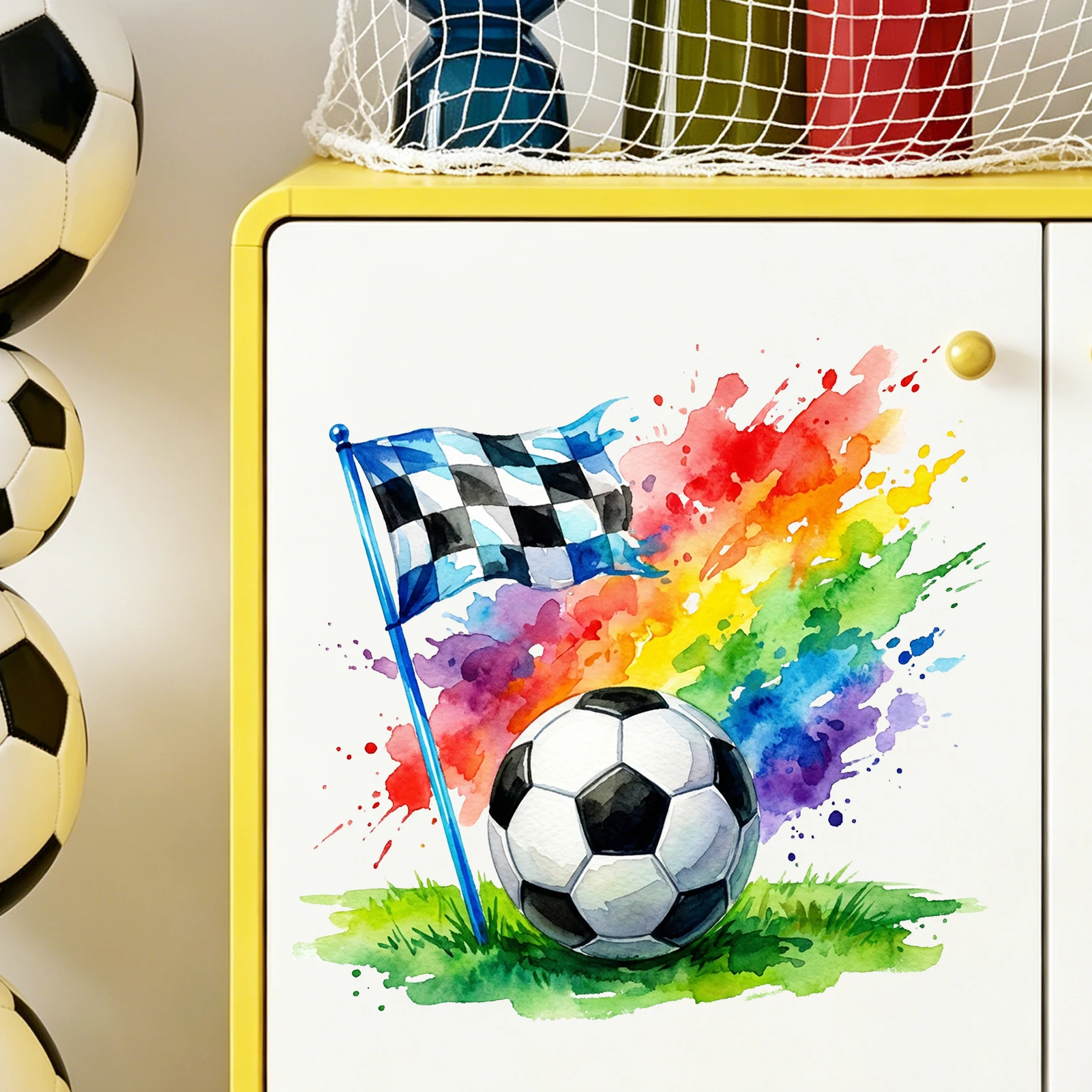 Watercolor Soccer Wall Stickers, Rainbow Splatter Football Flag Decals, Removable Sports Themed Home Decor