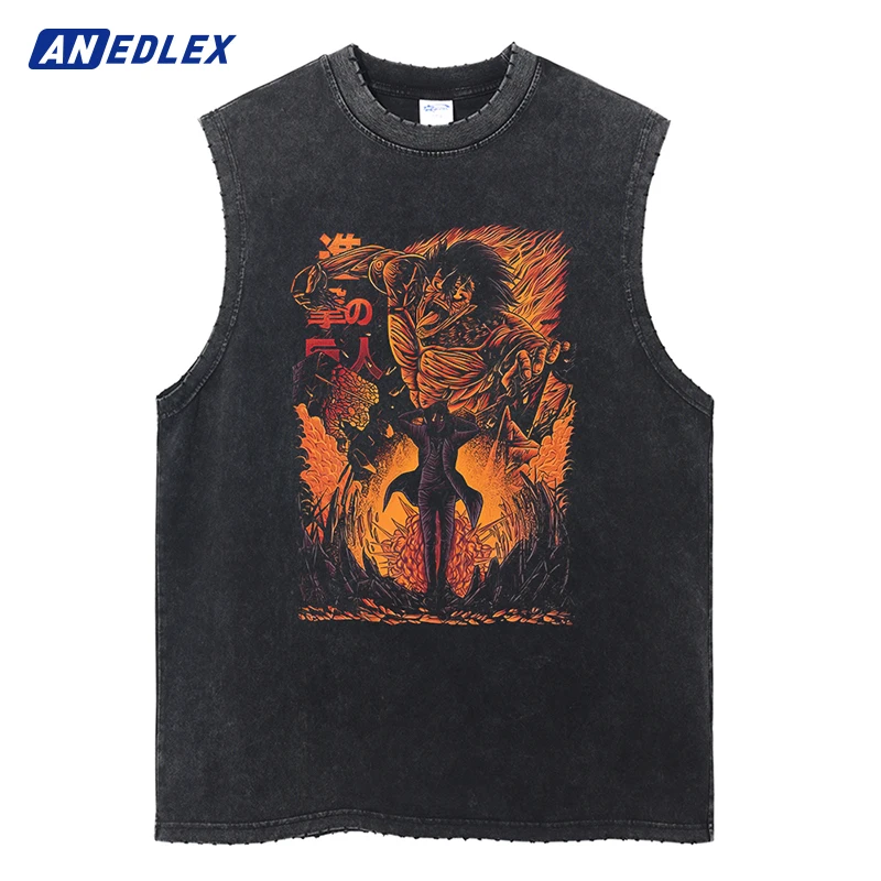 FashionStreetwear Japanese Anime Print Tank Tops Ripped Casual Vest Men Summer Harajuku Sleeveless Cotton Vintage Vest Tees