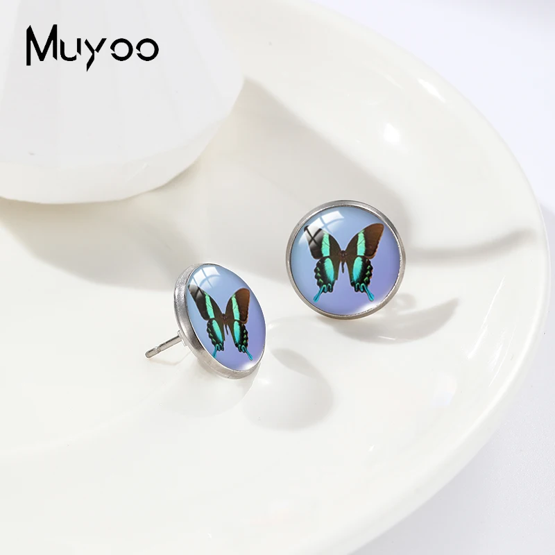 2023 New Arrival Fashion Beautiful Blue Butterflies Glass Round Dome Stud Earrings Jewelry Handmade Earrings