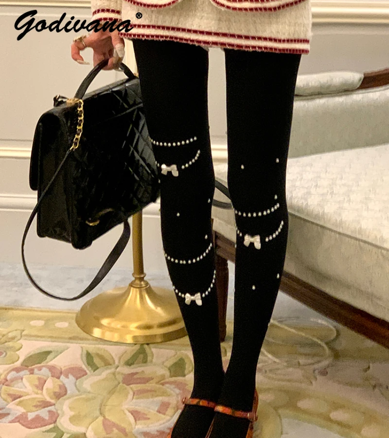 

New Design Pearl Necklace Beading Japanese Jk Black Pantyhose Women's Milky White Leggings Slim-fit Autumn Winter Women's Tights