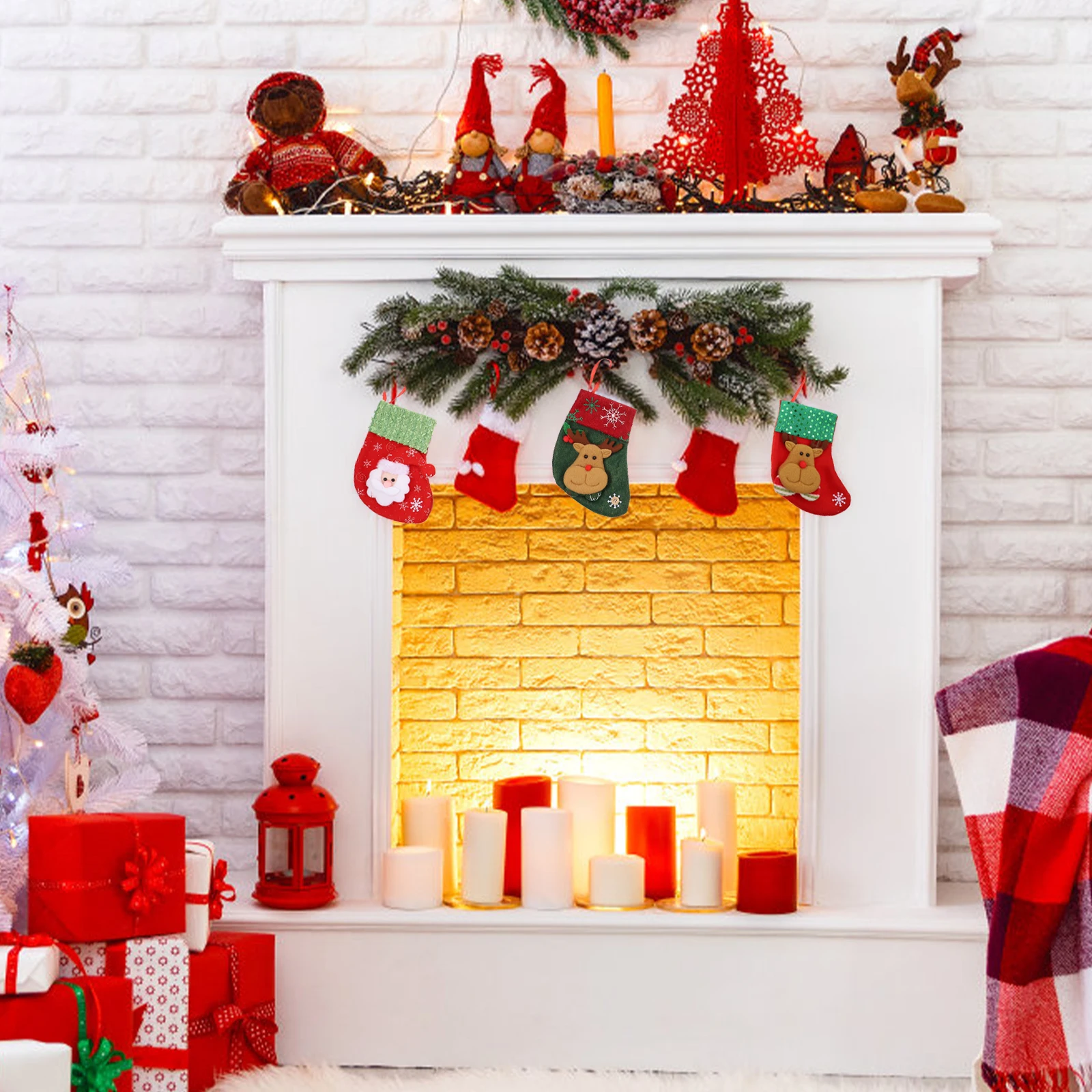 

7pcs Xmas Stocking Bags Christmas Sock Candy Pouch Hanging Decor Gift Bags For Kids Party Supplies Sweets Storage Pendants