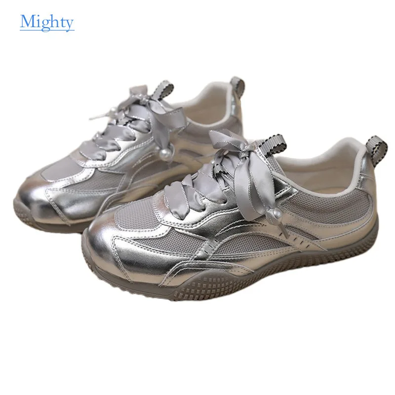 

Women's German Training Women Flat Shoes 2024 Summer Pearl Mesh Breathable Forrest Gump Shoes Soft Sole Silver White Sneakers