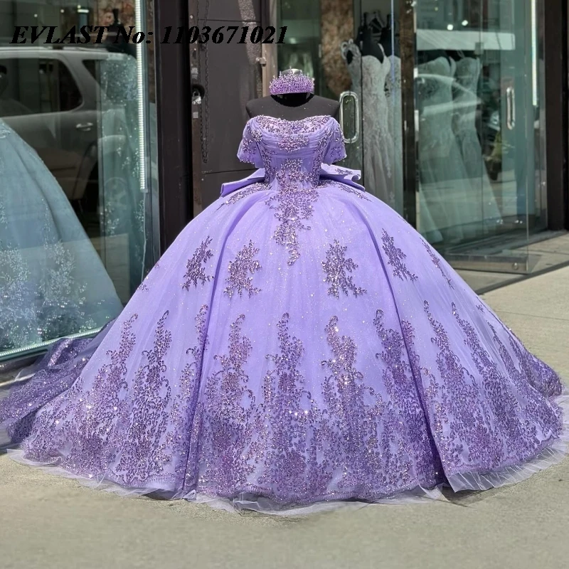 EVLAST ที่กําหนดเอง Lilac Quinnceanera ชุดบอลชุดลูกไม้ Applique ประดับด้วยลูกปัดเม็กซิกันรัดตัวโบว์หวาน 16 Vestidos De 15 Anos SQ619