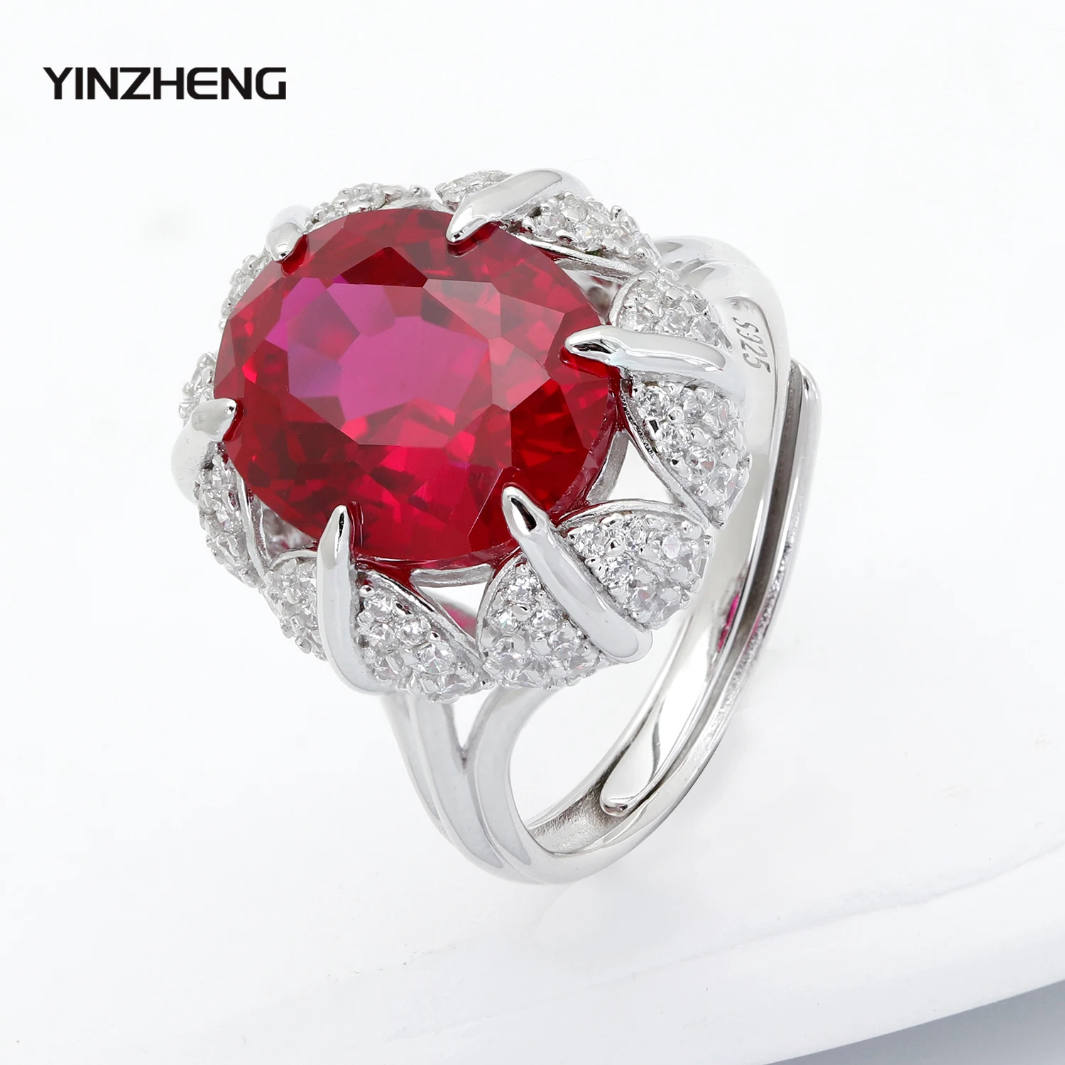 

Yinzheng Oval Lab Grown Rings S925 Vintage Inlaid Lab Grown Ruby Charm Lotus Ring For Women Fashion Open Adjustable Finger Rings