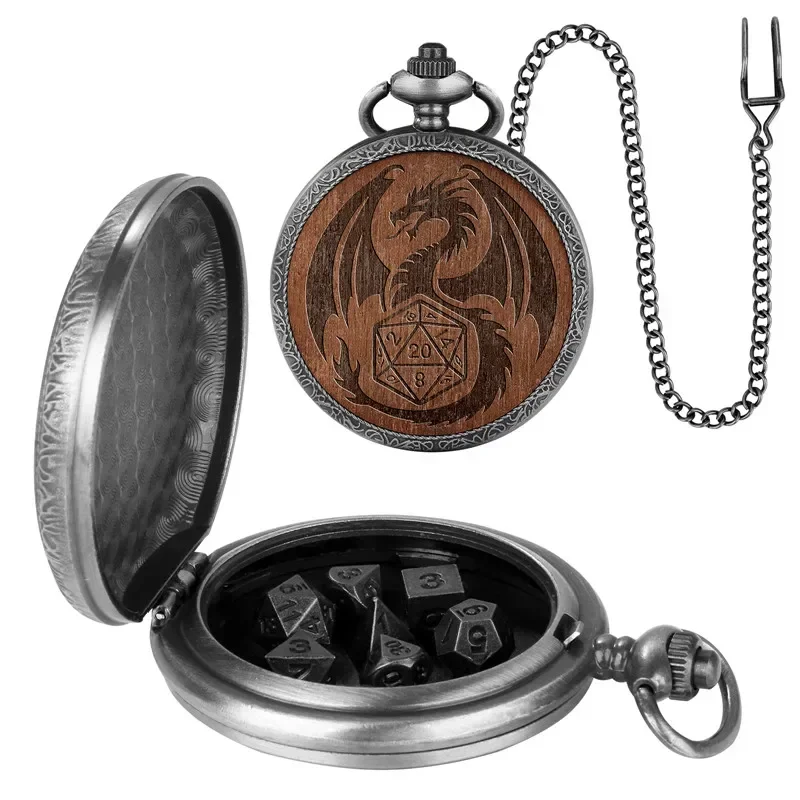 Vintage 7Pcs/set Metal Polyhedral Dices Entertainment Role Play Gaming Dice with Engraved Wood Dragon Pocket Watch Case Chain