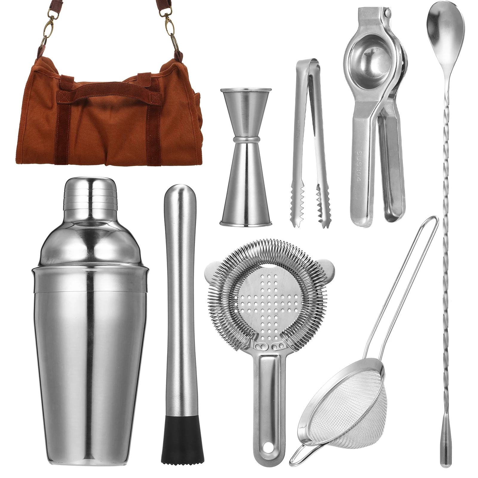 

Portable Bartender Kit 9 pcs Stainless Steel Cocktail Shaker Set Drink Mixer Set Professional Bar Tools for Drink Mixing