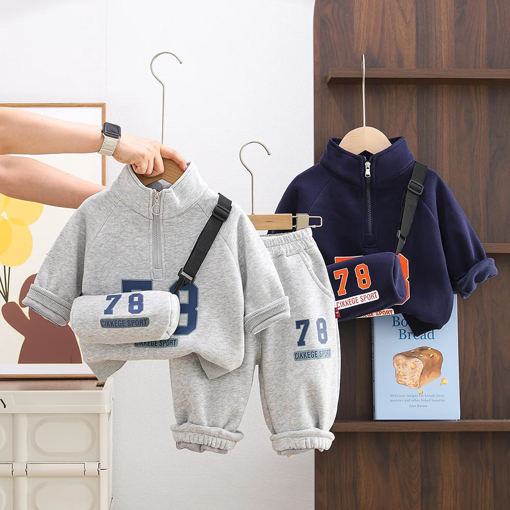 Boys Clothes Sets Winter Children Cotton Thick Sweatshirts Tops Pants 2pcs Sports Suit For Baby Warm Velvet Tracksuits Kids 4 5Y #1