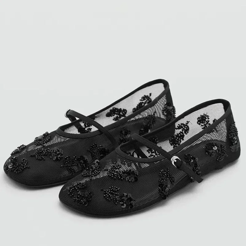 

Роскошные женские балетки с бусинами, дышащая сетка, уютные брендовые легкие женские туфли Мэри Джейн с круглым носком