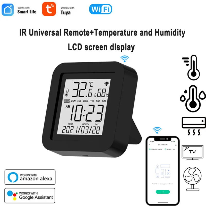 Termostato Inteligente Multifuncional com Display LCD, Mini Sensor de Temperatura e Umidade, WiFi, Controle Remoto IR, Novo