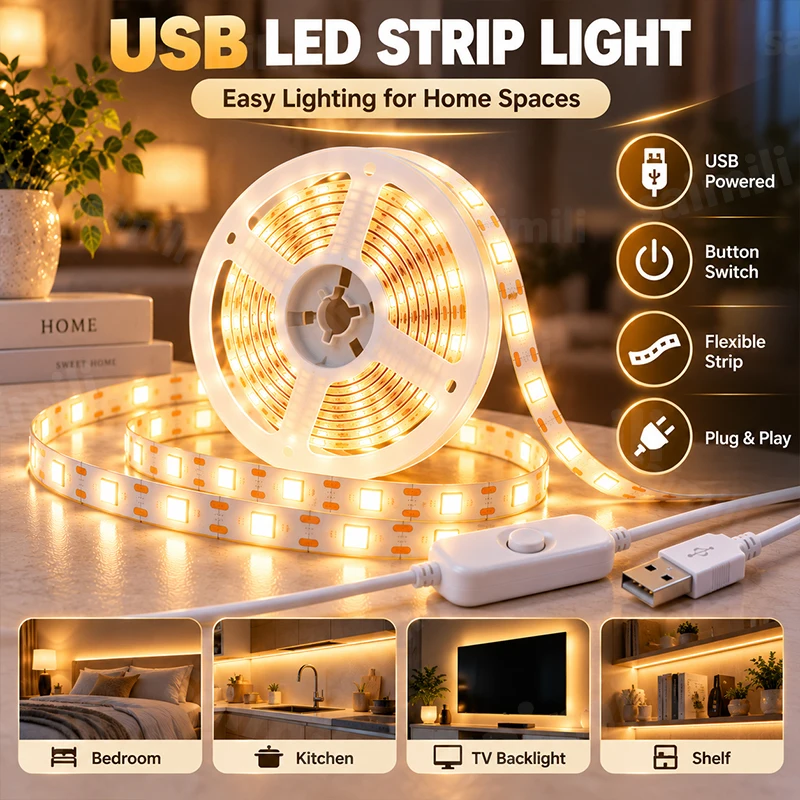 LED Strip Lights USB Button Control 5V Safe Low Voltage Soft Uniform Light Self-Adhesive Cuttable For Desk Closet Home Decor