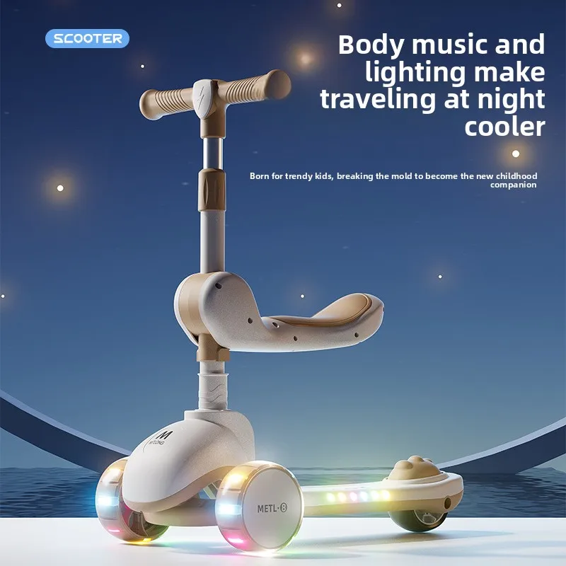 สกู๊ตเตอร์เด็กแบบพับได้ 3 in 1 พร้อมเสียงเพลงและไฟ  แฮนด์บาร์ปรับได้สำหรับการเลี้ยวแบบเอน  ที่นั่งถอดออกได้  ระบบเบรกนิรภัย สำหรับเด็กชายและเด็กหญิง