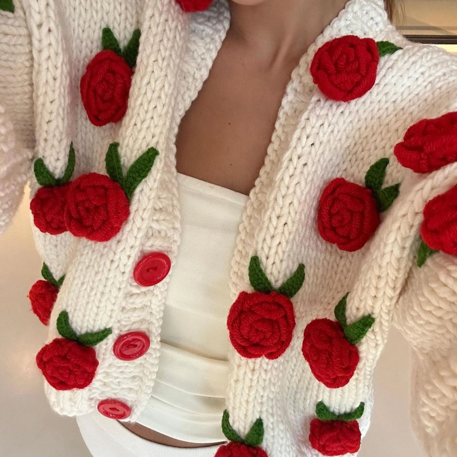 Combhasaki Women\'s Y2K Cute Kawaii Knit Crop Cardigans Long Sleeve 3D Flowers Decor Button Closure Loose Casual Jacket Sweaters