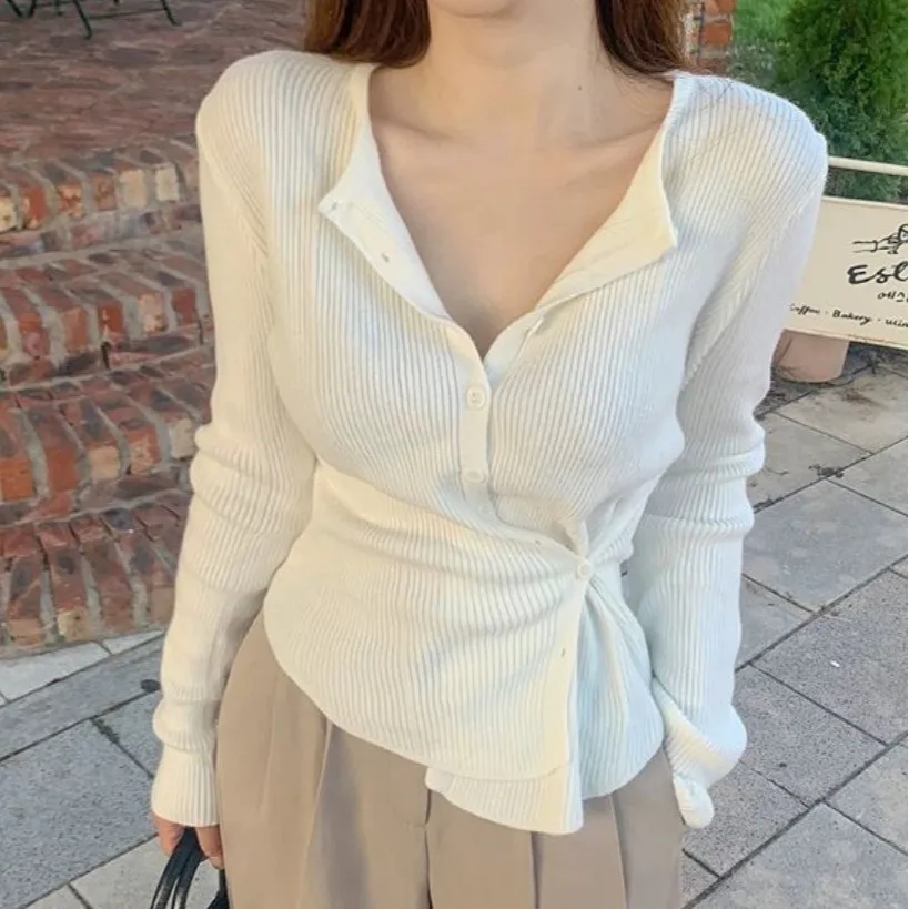 Women's Knitted Sweater 2025 New Style Versatile Simple Cream Yellow Trendy Two-Way Wear Thin Top Commute Style Long Sl...