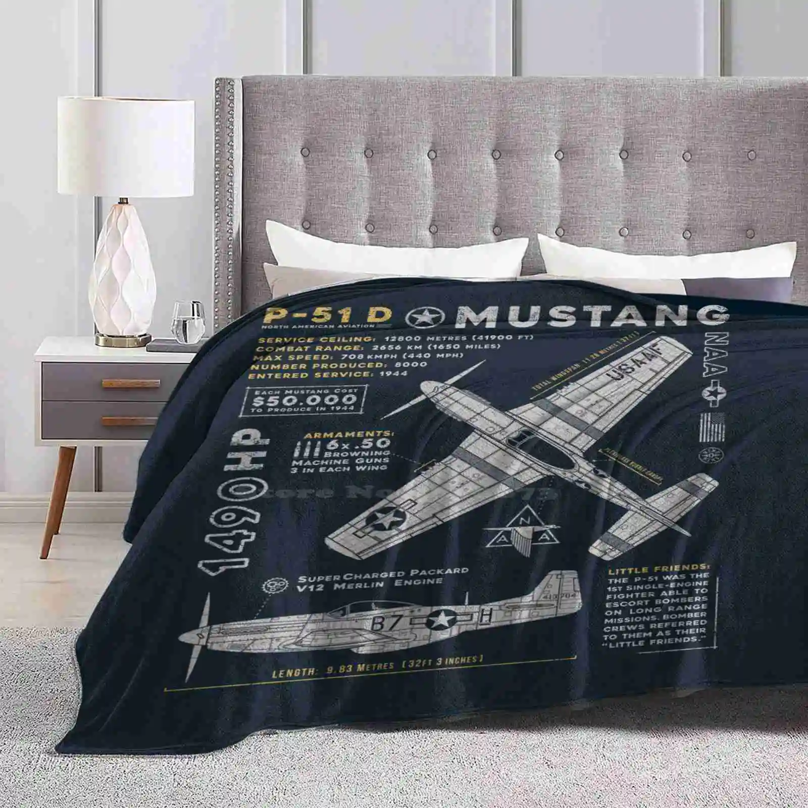 P-51 Creative Design Comfortable Warm Flannel Blanket P51 P 51D Tuskegee Airmen Redtails Red Tails Ferocious Frankie Blueprint