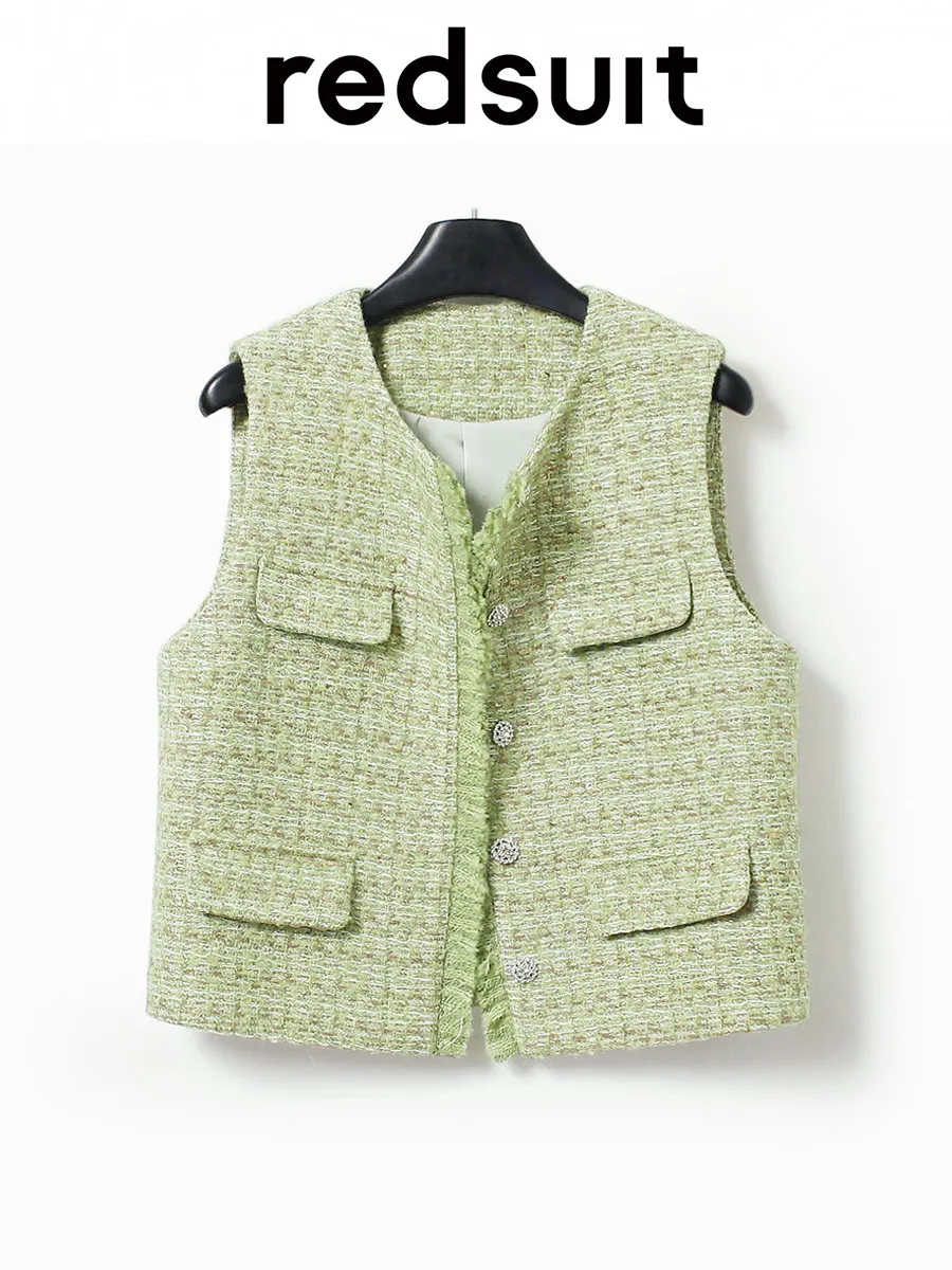 New Light luxury green short coarse floral vest versatile white top Custom size