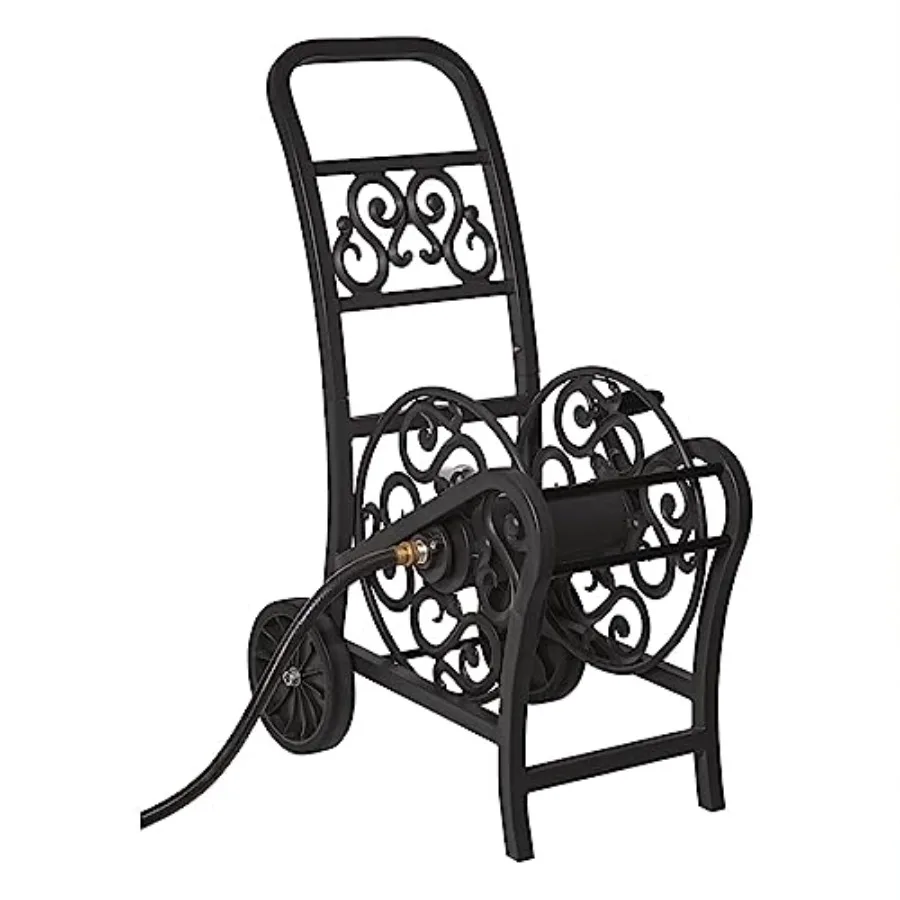 Metal Decorative 200' Hose Cart with Flat-Free Wheels and Feet Caps, Stylish Garden Hose Reel Cart for 200' of Standard Vinyl H