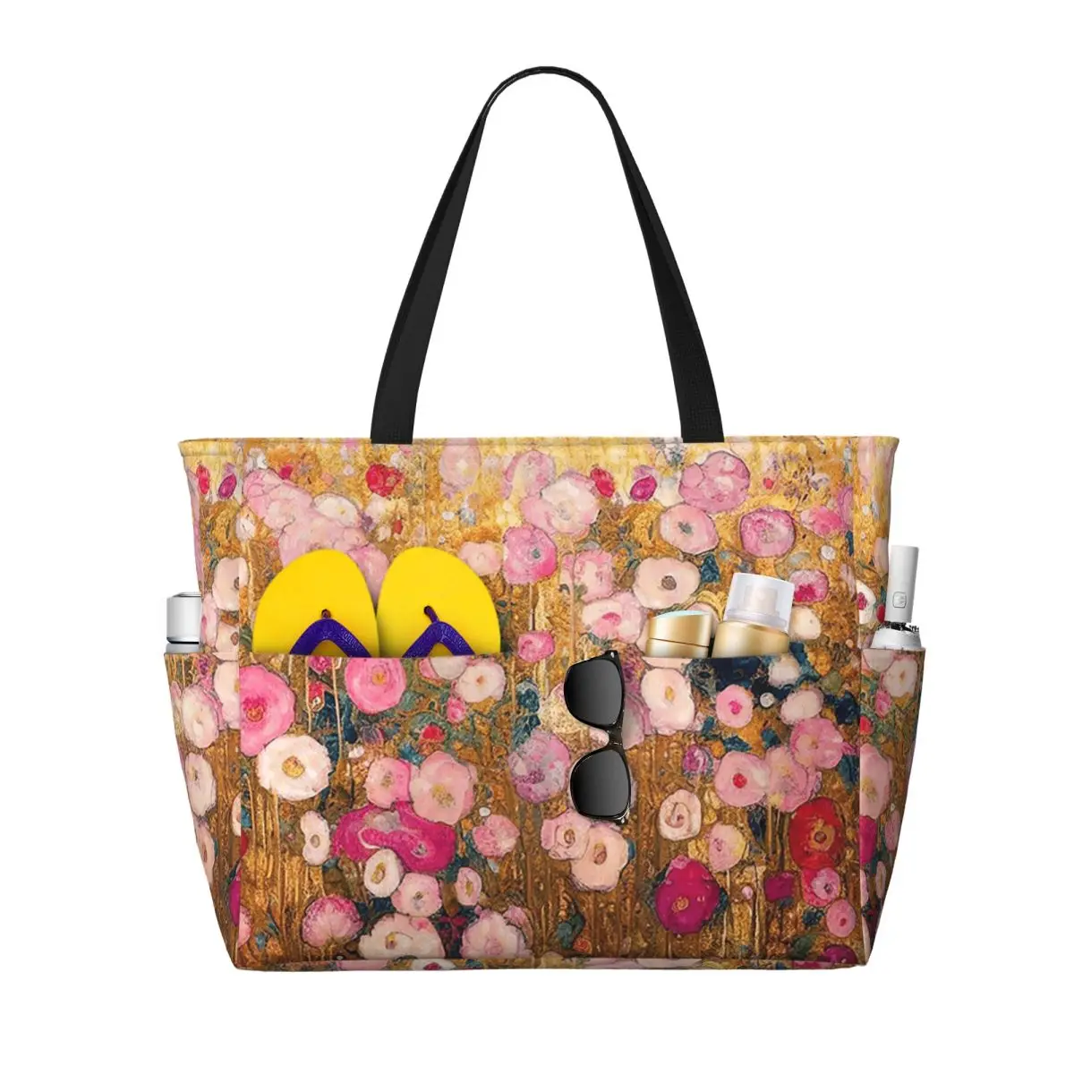 Gustav Klimt Pink Flower Garden Beach Tote Bag Sport Gym Yoga Duffle Large Tote Bag Women Travel Bag Fitness bag