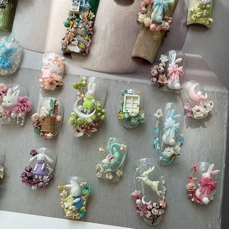 3 stuks leuke cartoon siliconen nail art schimmel konijn maan cake maan 3d acryl bloemen nagels sjablonen diy manicure schimmel gereedschap