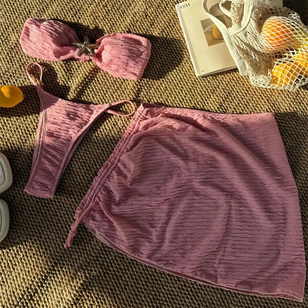 

Sexy Pink Bikini Set 3 Piece Bandeau Swimsuit Backless Bandage Crinkled Starfish Swimwear Skirt Women Beach Bikinis Bathing Suit