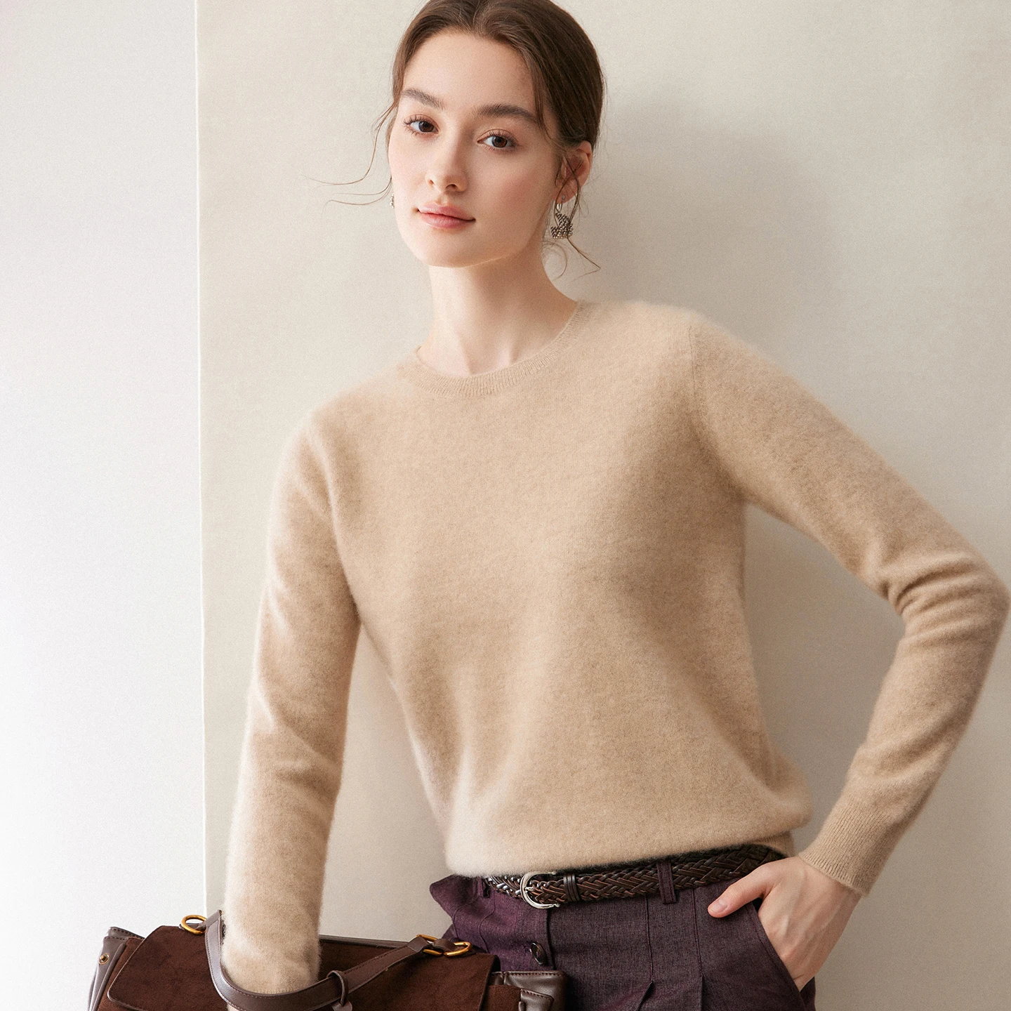 Autumn And Winter Women'S 100% Cashmere Round Neck Pullover Casual Loose Soft Knitted Shirt Pure Color Long Sleeve Basic Top