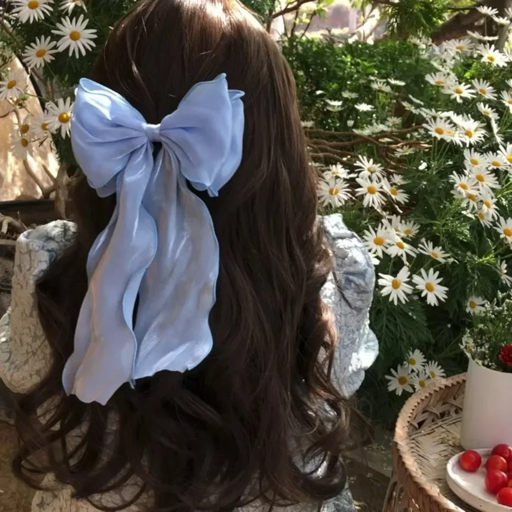 

New Women Girls Sweet Blue Shining Satin Bowknot Hair Clip Big Ribbon Bow Barrette Solid Color Scarf Hairpin Grip Ponytail 장식