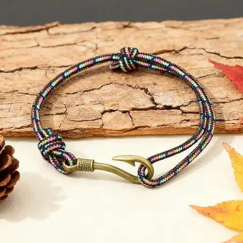 Herren-Armband mit Fischhaken, gewebtes Seil, einfacher Haken, verstellbar, für den Außenbereich, mehrfarbig, für Angler, Geschenkschmuck