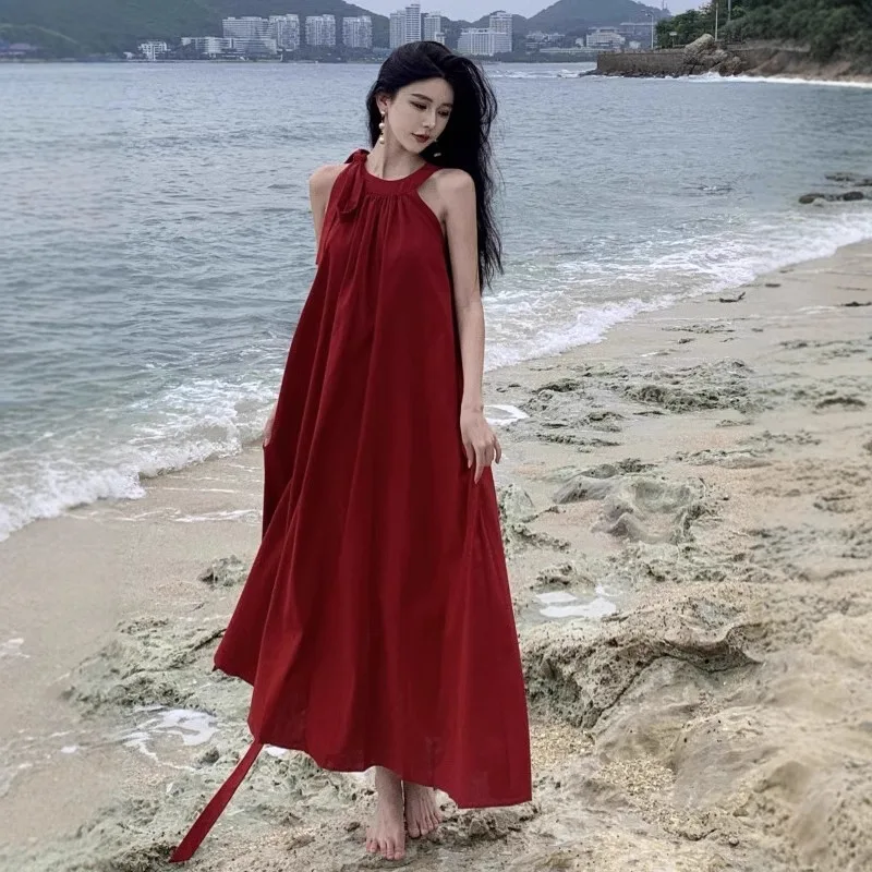 

Holiday Style Sleeveless Neck Hanging Dress For Women's Summer Seaside Vacation Long Dress