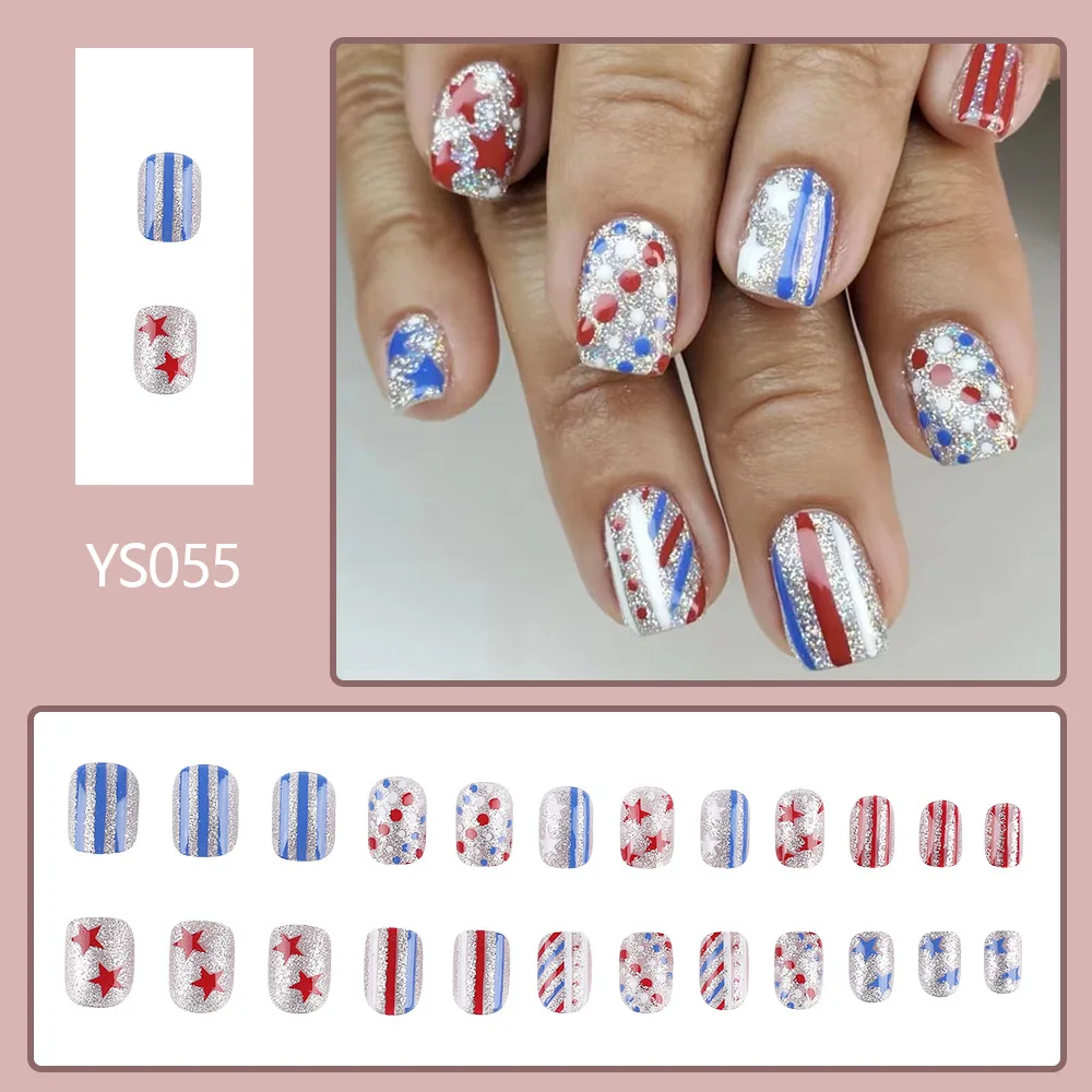 Frosted Glitter Independence Day Nails Short Glossy Blue and Red Stars Fake Nails Stripes Manicure Set Wearable Nails