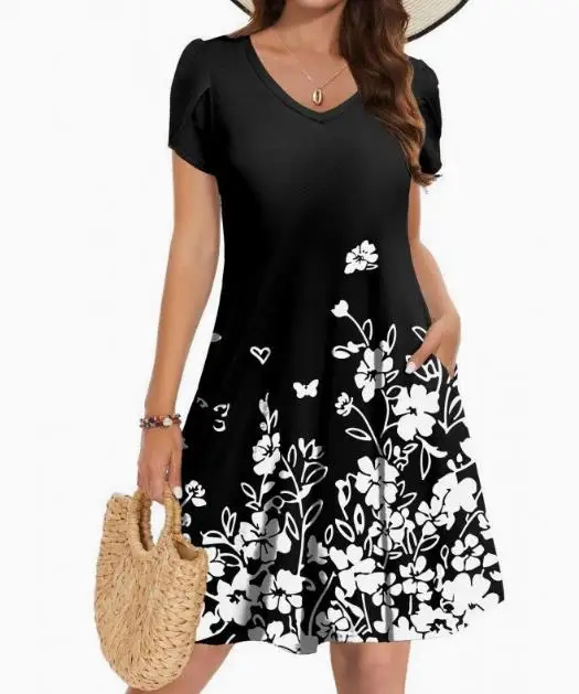 

Women Dresses 2026 Spring Summer New Fashion Floral Print V-Neck Pocket Design Short Sleeved Casual Loose Fit Daily Dress