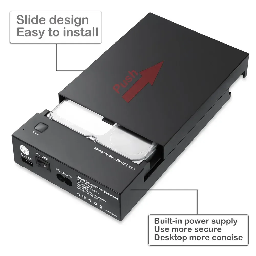 3.5 Inch USB 3.0 to SATA III External Hard Drive Enclosure Case Built-in Adapter Support Both 2.5" & 3.5" SATA HDD SSD Tool Free