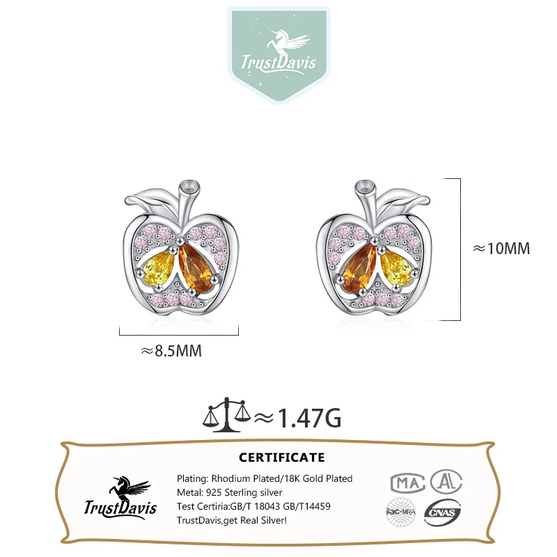 Trustdavis Real 925 Silver Fashion Cute Apple Multicolor Zirconia Earrings for Women Daily Wear Jewelry Gift DS4305 2