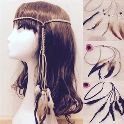 Bohemian Feather Hair Bands Hippie Indian Feather Headband Handmade Weave Feathers Hair Rope Headdress