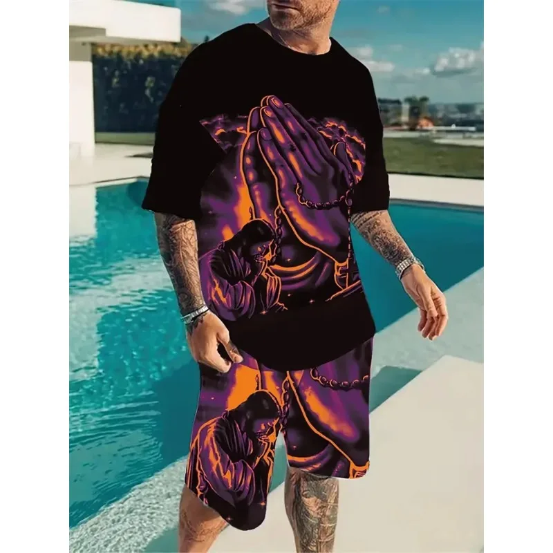 

Повседневная футболка для горячих отпуска 2025 года, уличные шорты, летние мужские шорты с короткими рукавами, мужской комплект с 3D принтом скелета