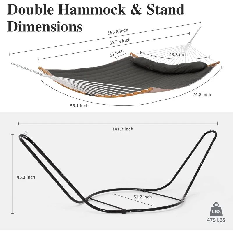 Double Hammock with Curved Spreader Bar, Hammock with Stand Included 2 Person, Patent Pending